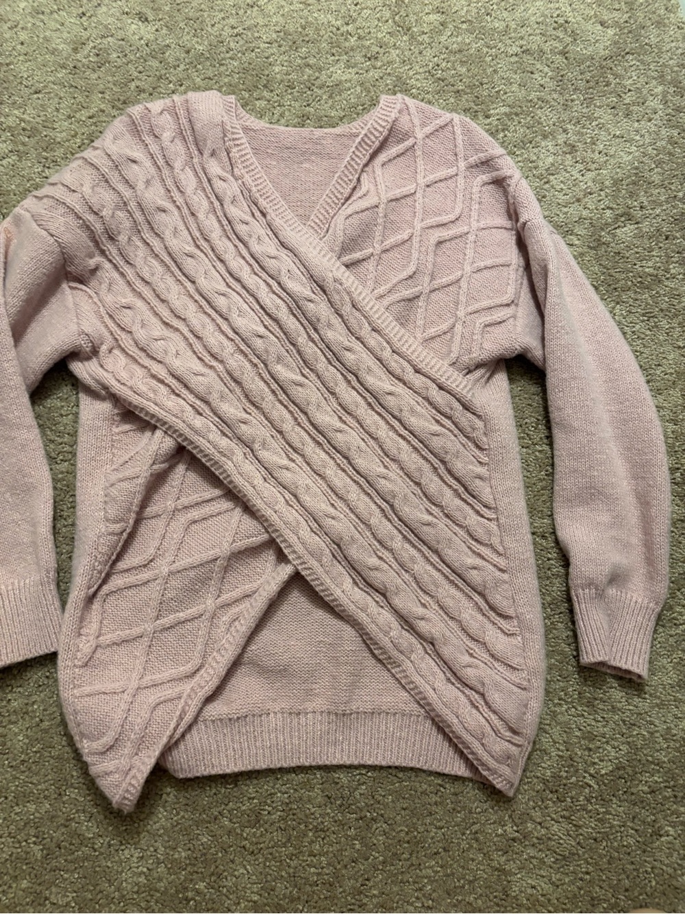 Soft Pink Cable Knit V‑Neck Sweater